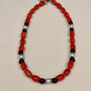 New Vintage Barrel Coral, Wood & Faux Pearl Strand Necklace